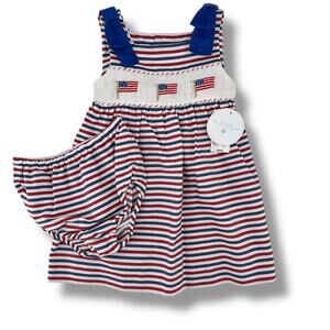 Edgehill Collection Patriotic USA Flag Embroidered Smocked 2p Dress Girls Sz 18M